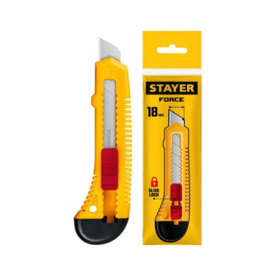 Нож STAYER FORCE-M 18мм упрочненный с метал. направляющей и сдвижным фиксатором 0911